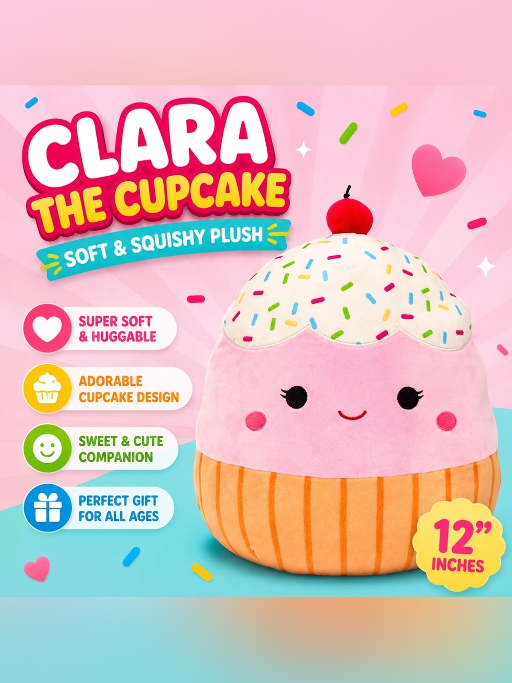 Squishmallows Pink Cupcake Plush with Cream Frosting and Red Cherry